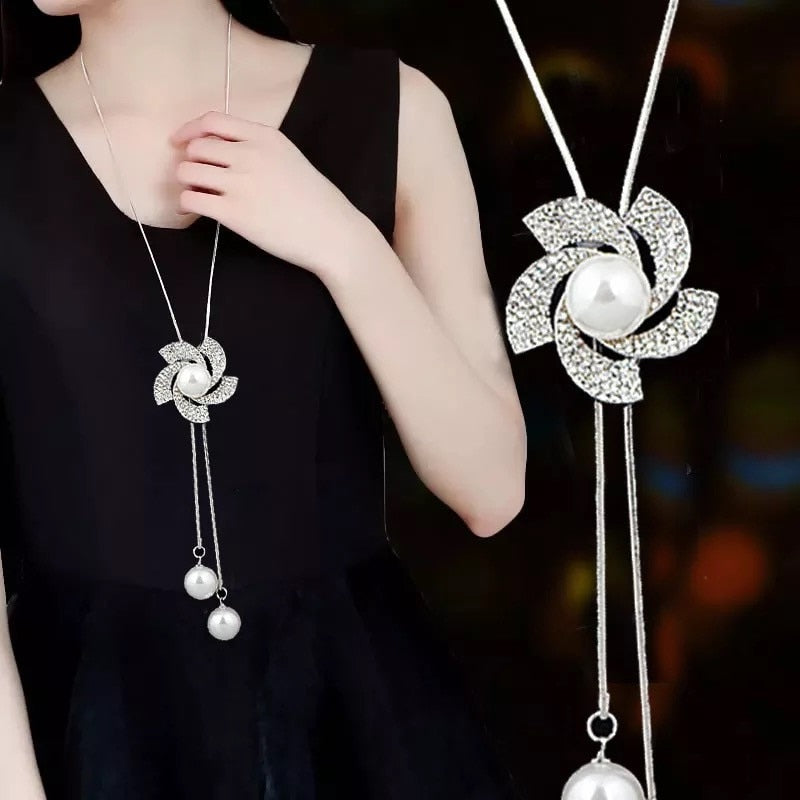 Simulated Pearl Choker Necklaces for Women Silver Color Chain Long Necklace Pendant Jewelry Accessories Trendy Kolye