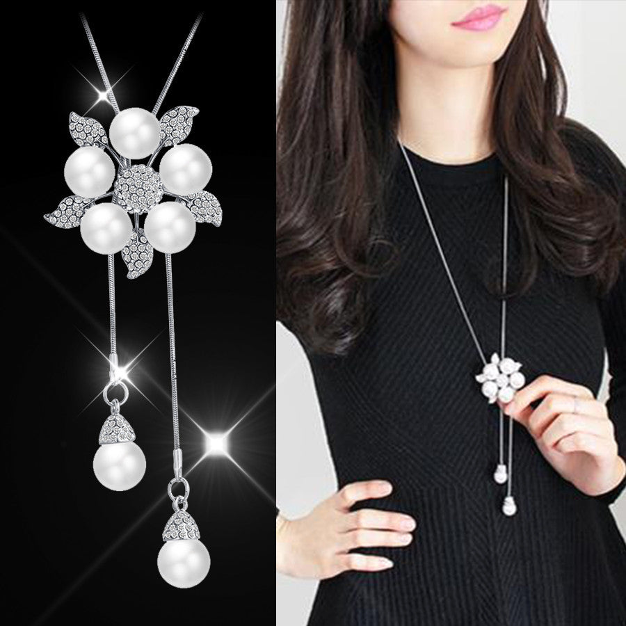 Simulated Pearl Choker Necklaces for Women Silver Color Chain Long Necklace Pendant Jewelry Accessories Trendy Kolye
