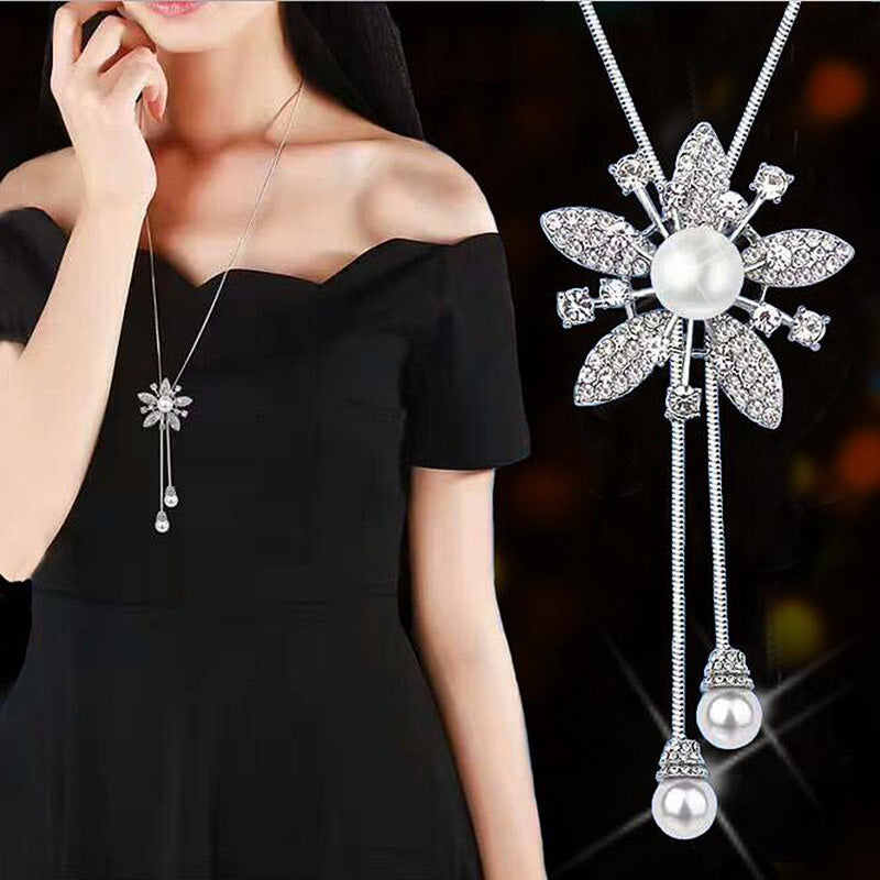 Simulated Pearl Choker Necklaces for Women Silver Color Chain Long Necklace Pendant Jewelry Accessories Trendy Kolye