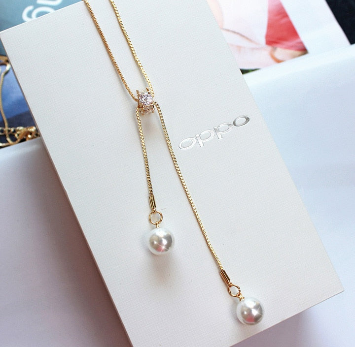 Simulated Pearl Jewelry Long Necklaces & Pendants Gold Silver Color Tassel Necklace for Women Zircon Chokers Collier