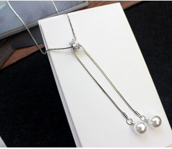Simulated Pearl Jewelry Long Necklaces & Pendants Gold Silver Color Tassel Necklace for Women Zircon Chokers Collier