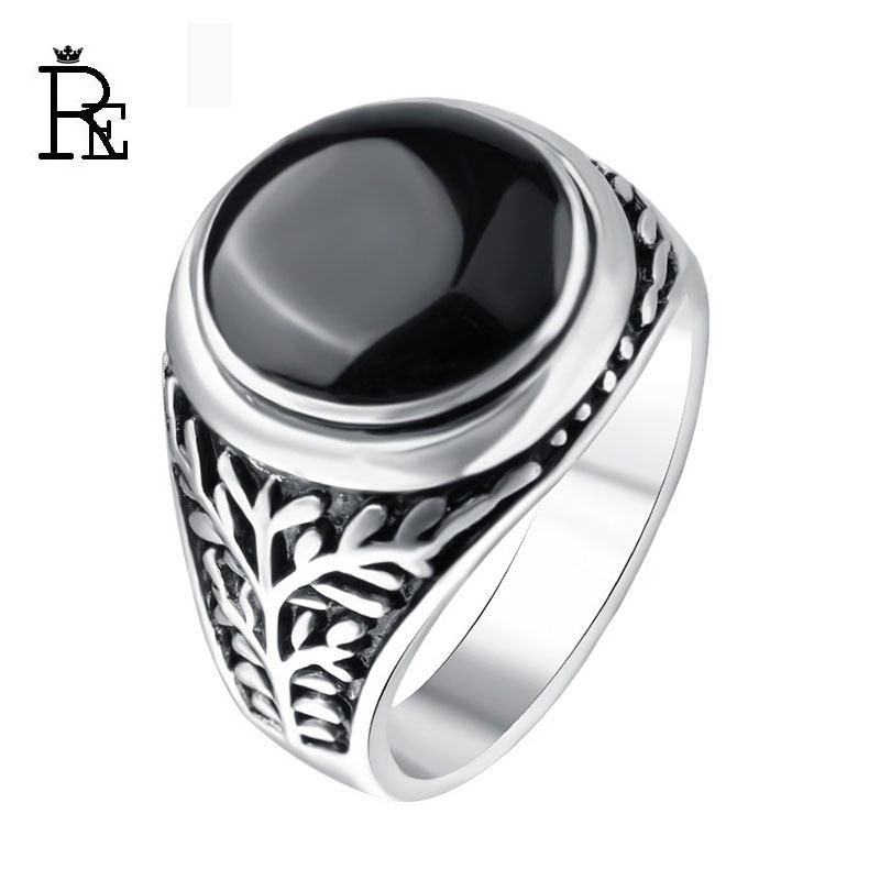 RE Black Enamel Ring for Men Male Antique Vintage Viking Punk Rings