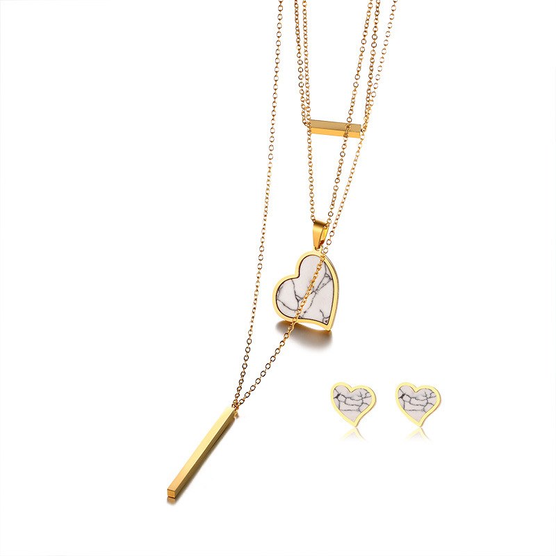 RE Women's hearted necklace earrings gold jewelry set stainless steel layered choker necklace bridal jewelry sets J35