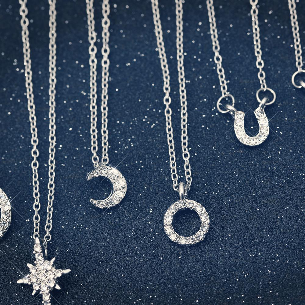 RINHOO Trendy Simple Flower Moon Star Heart Pendant Necklace For Women Girls Rhinestone Silver Color Choker Jewelry