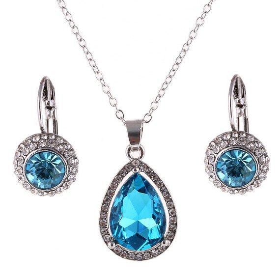 Jewelry Luxury Genuine Austrian Crystal Pendant Necklace Drop Earrings Set Silver Plated Bridal Jewelry Set For Women