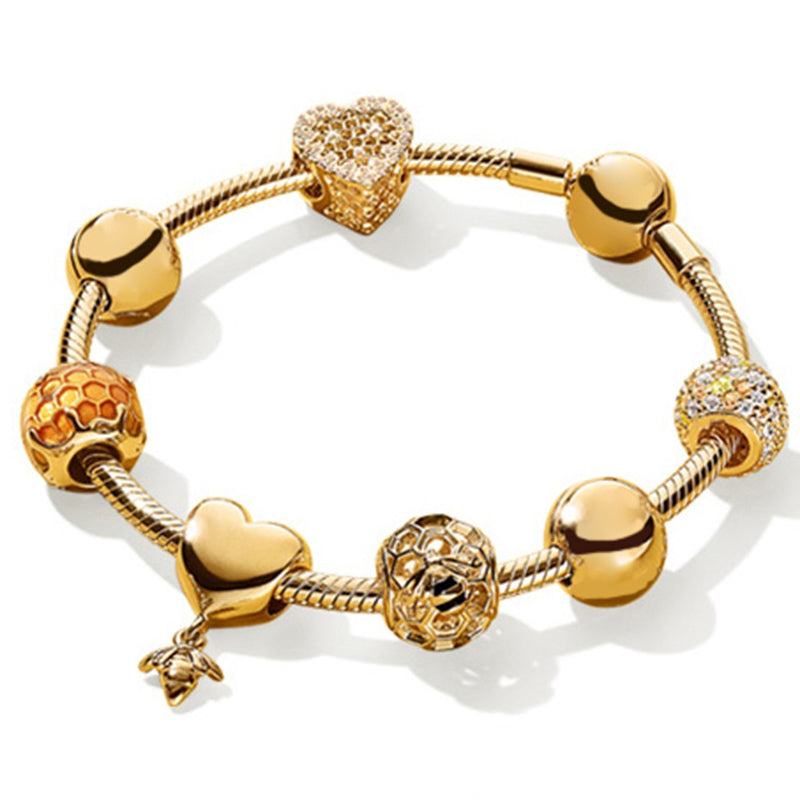 100% 925 Sterling Silver Brand New Bracelet Set 18K Gold Color Love Honey Honeycomb Bracelet Set Fit DIY Sweet Gift