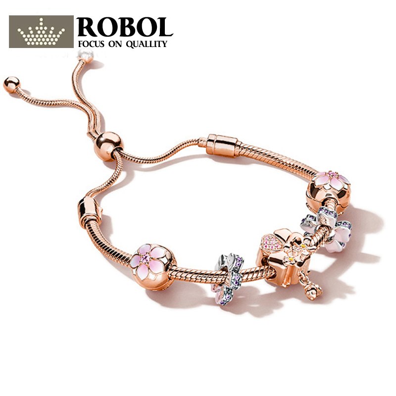 100% 925 Sterling Silver Brand New Bracelet Set Magnolia Flower and Ever Blooming Charm Rose Gold Bracelet Set Elegant
