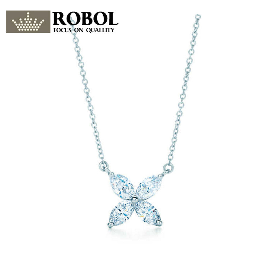100%925 Sterling Silver New 1:1 TIFF Pure Four-Leaf Clover Necklace Cubic Zirconia Woman Necklace Gift
