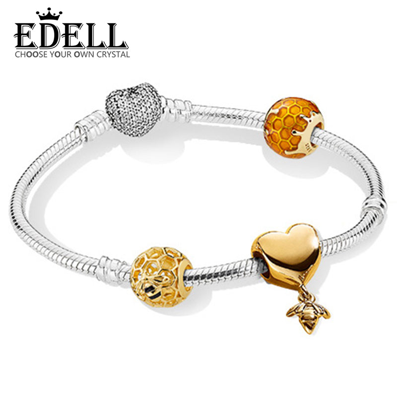 100% 925 Sterling Silver New Bracelet Set Love And Bees 18K Gold Color Luxury Bracelet Suit Suitable DIY Gift