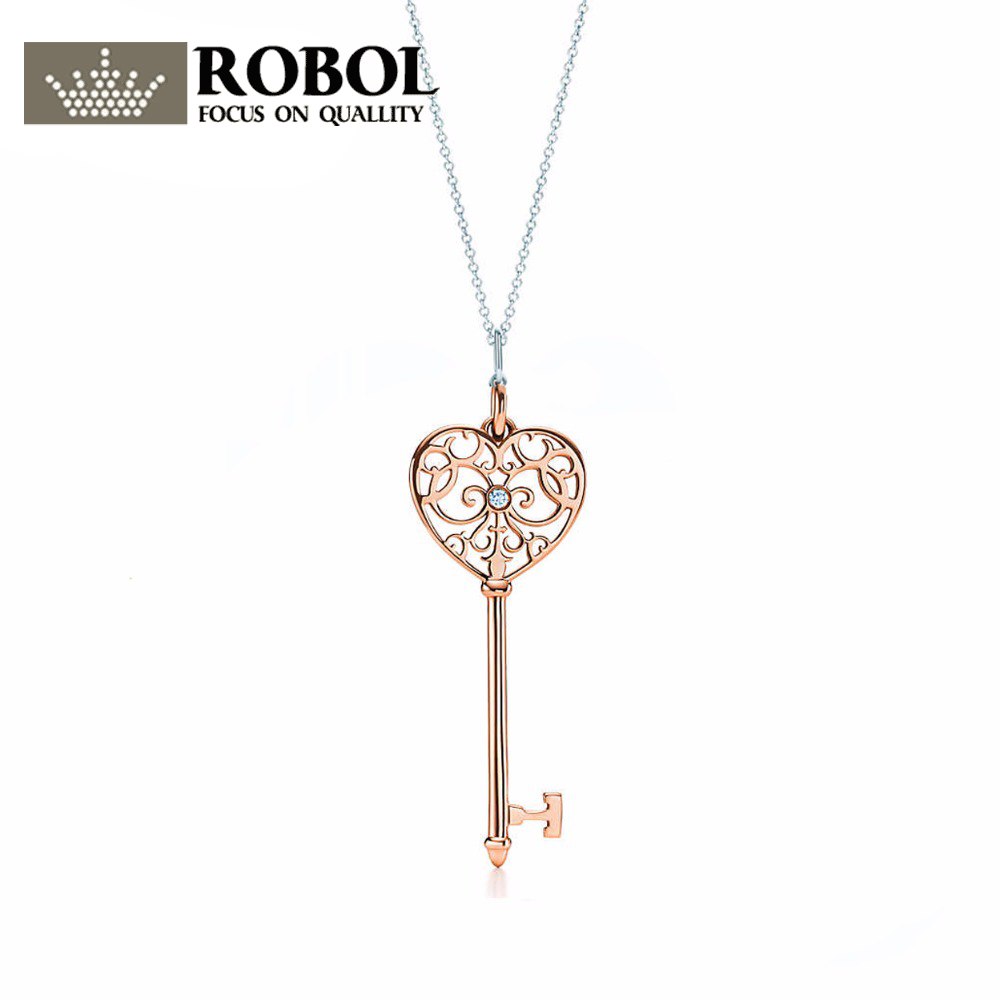 100% 925 Sterling Silver New Rose Series Heart-Shaped Elegant Key Necklace Ladies Charm Key Clavicle Chain