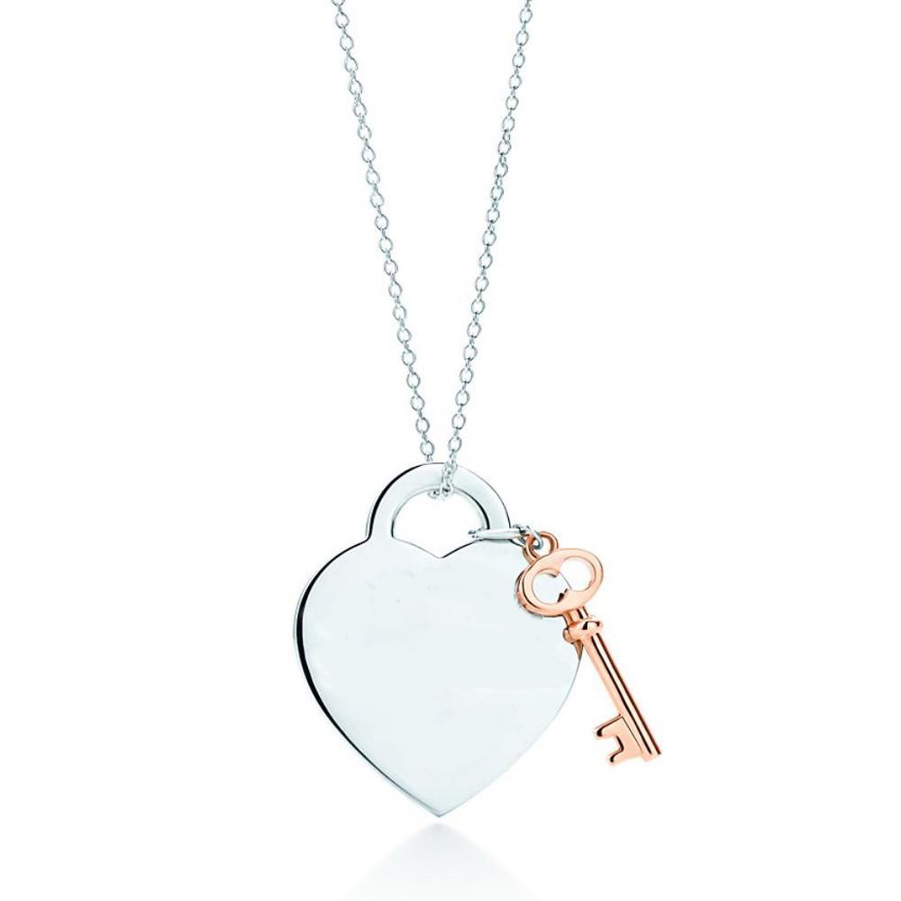 100% Heart Shape Key Lock Pendant Necklace in Sterling Silver Genuine Clavicle Necklace Gifts Accessories