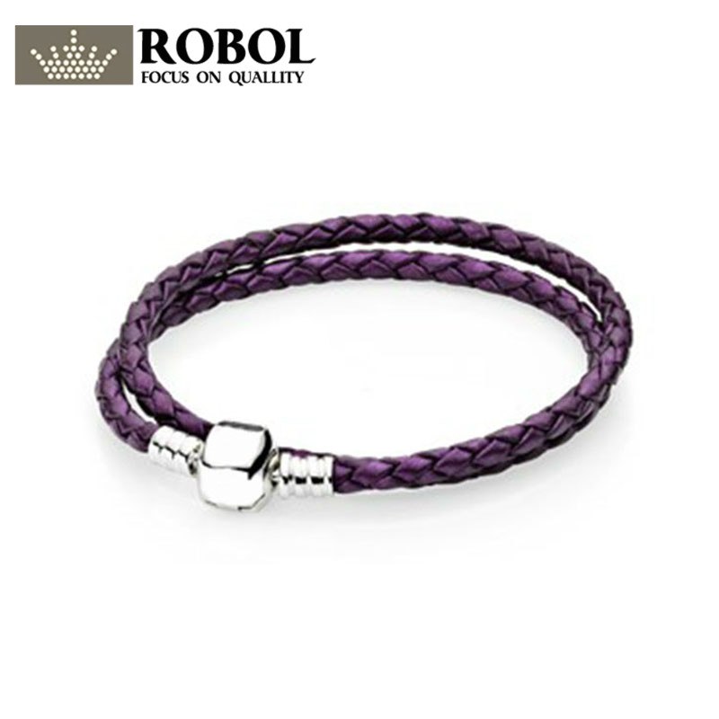 925 Sterling Silver Multicolor Mixed Purple Braided Women Double-Leather Charm Bracelet Fit DIY Original Bead Pendant