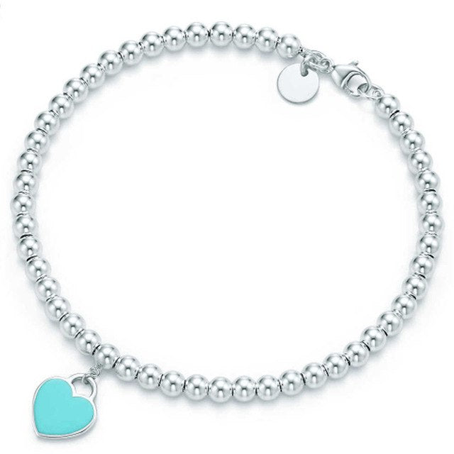 Charm 925 Sterling Silver Bracelet Green Pink Red Heart Shaped Women's Round Silverware Matching Tiff Jewelry Bracelet