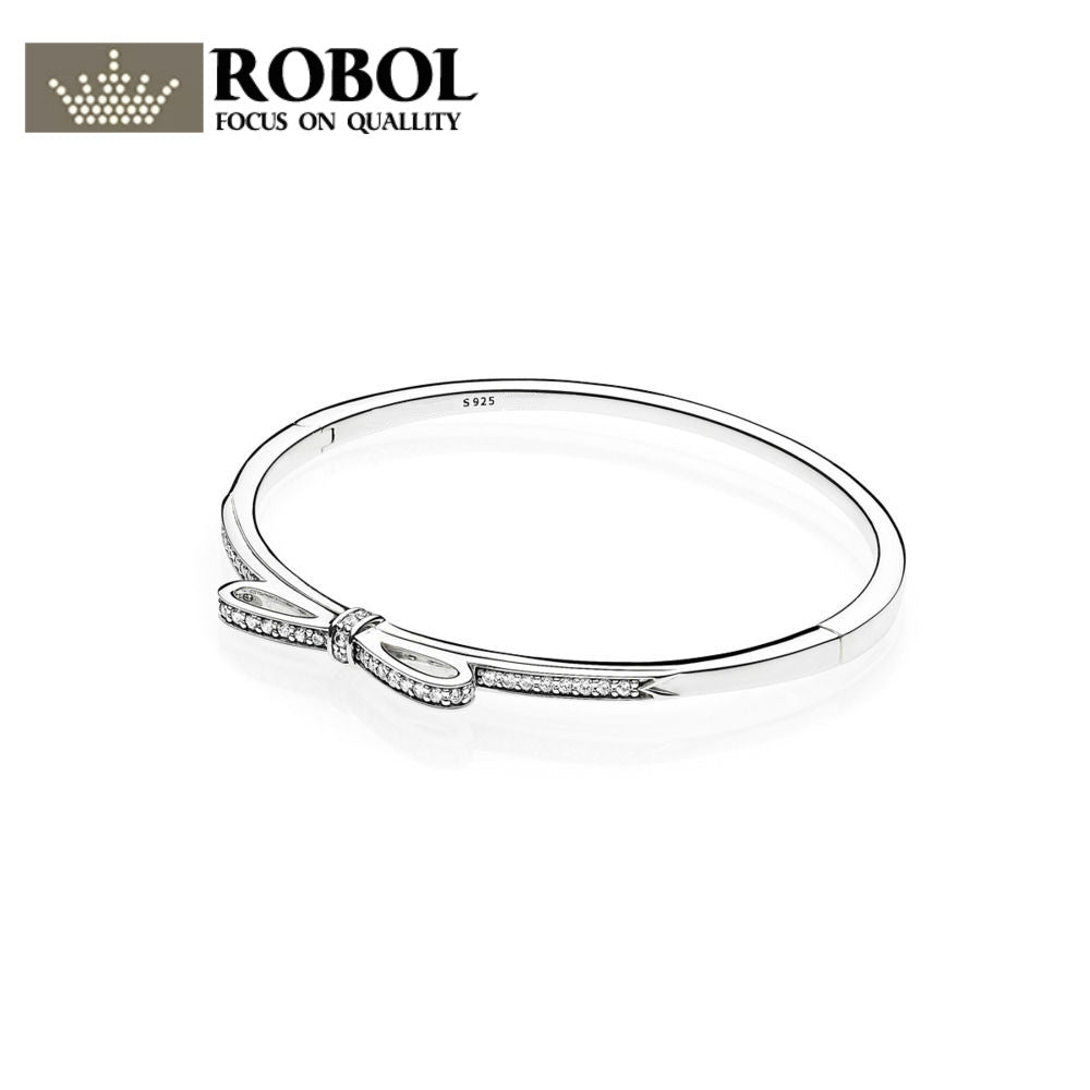 Fine jewelry 925 Sterling Silver Bangle with Women Wedding & Party Clear CZ Fashion Bow Tie Diamond Bracelet Fit love