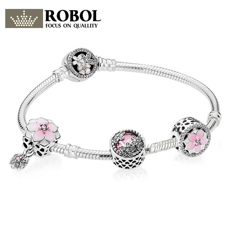 Genuine 100% 925 Sterling Silver Bracelet For Set Europe Women Spring flowers Star Original birthd Gift charm Jewelry
