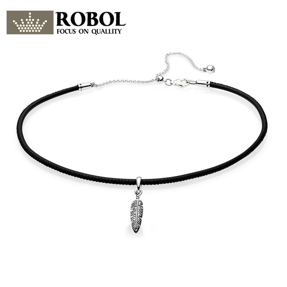 PAN 925 Sterling Silver Black Leather Choker Necklace & Feather Pendant, Clear CZ Diy Original Charms Jewelry Set