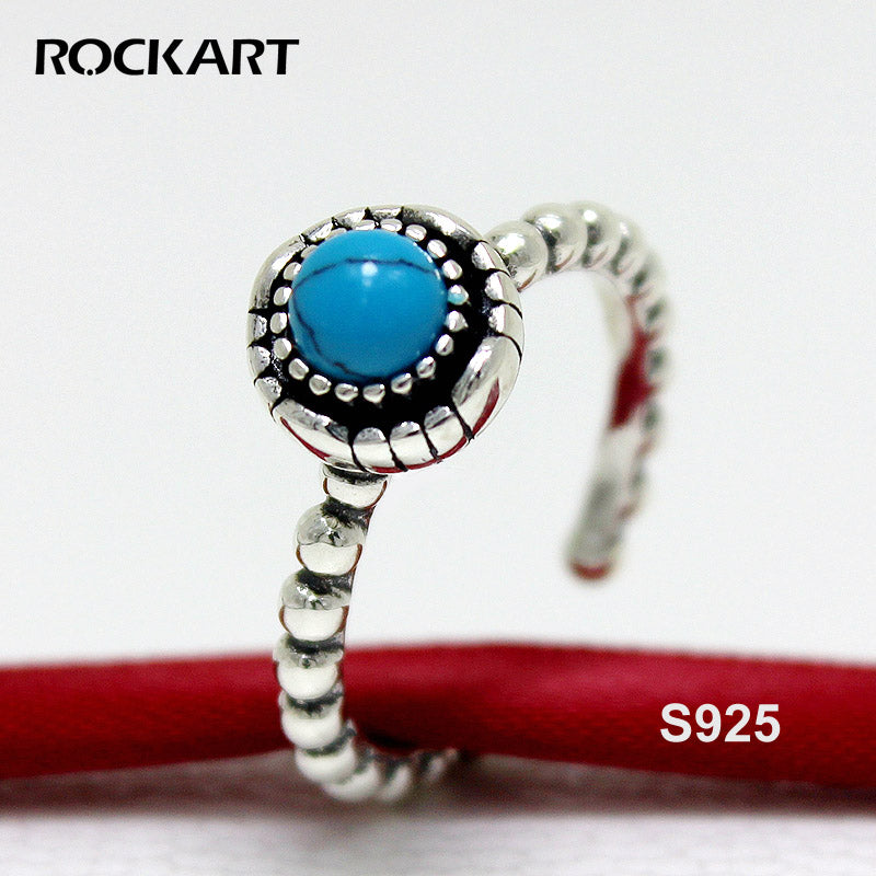 Pure Silver Turquoise Ring Vintage Bohemia Style Blue Gemstone Rings For Women Adjustable 2020 Summer New Fine Jewelry