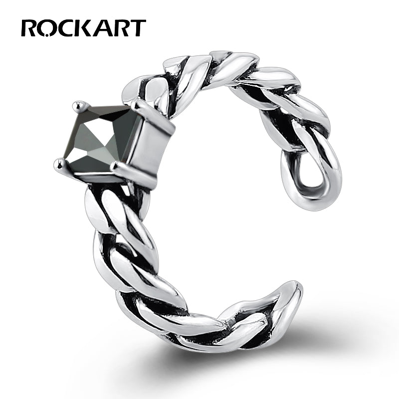 Real 925 Sterling Silver Vintage Black Square Agate Chain Open Ring For Women Adjustable Fine Jewelry Punk Luxury Rings