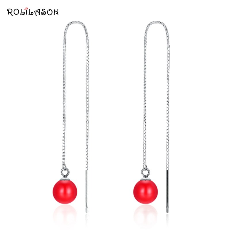 Trendy real 925 sterling silver Red Pearl round drop tassel earrings for girl party gift pure silver jewelry 2.2g SE21