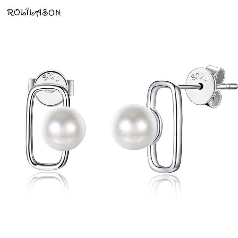 Trendy real 925 sterling silver White Pearl round stud earrings for girl party gift pure silver jewelry 1.8g SE22