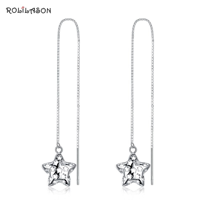 real 925 sterling silver tassel line star drop hollow earrings for girl party gift pure silver jewelry 2.1g SE24