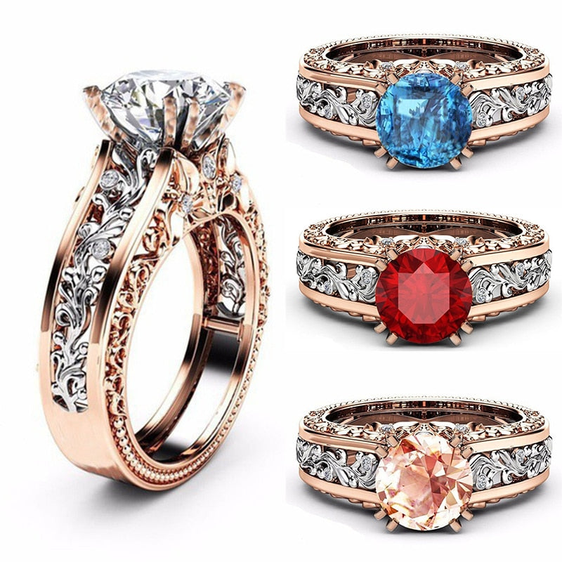 Vintage Ro Rings for Women Color Rhinestone Finger Ring Female Rose Gold and Silver Hollow Rings Elegant Jewelry R4