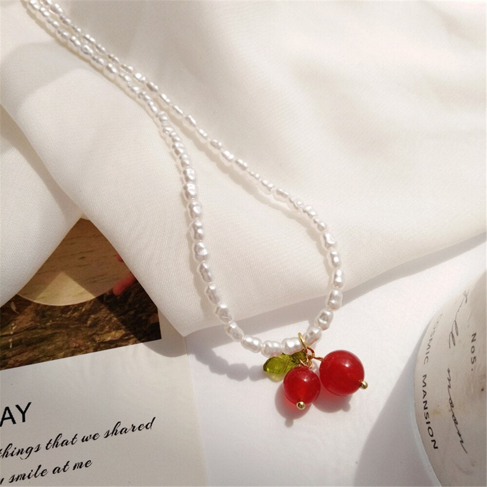 RUANME Han Edition Cherry Necklace Sweet Wind Pearl Necklace Pendant Necklace Niche Female Collarbone Chain Jewelry