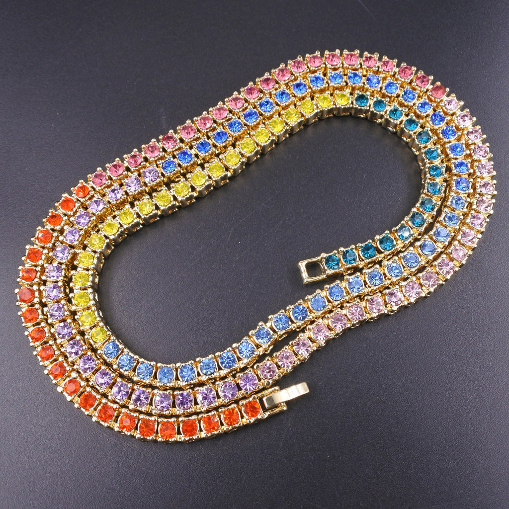 Rainbow 7 colors crystal 1 row tennis chain men women jewelry hip hop rap rock gift necklace gold silver color iced out bling