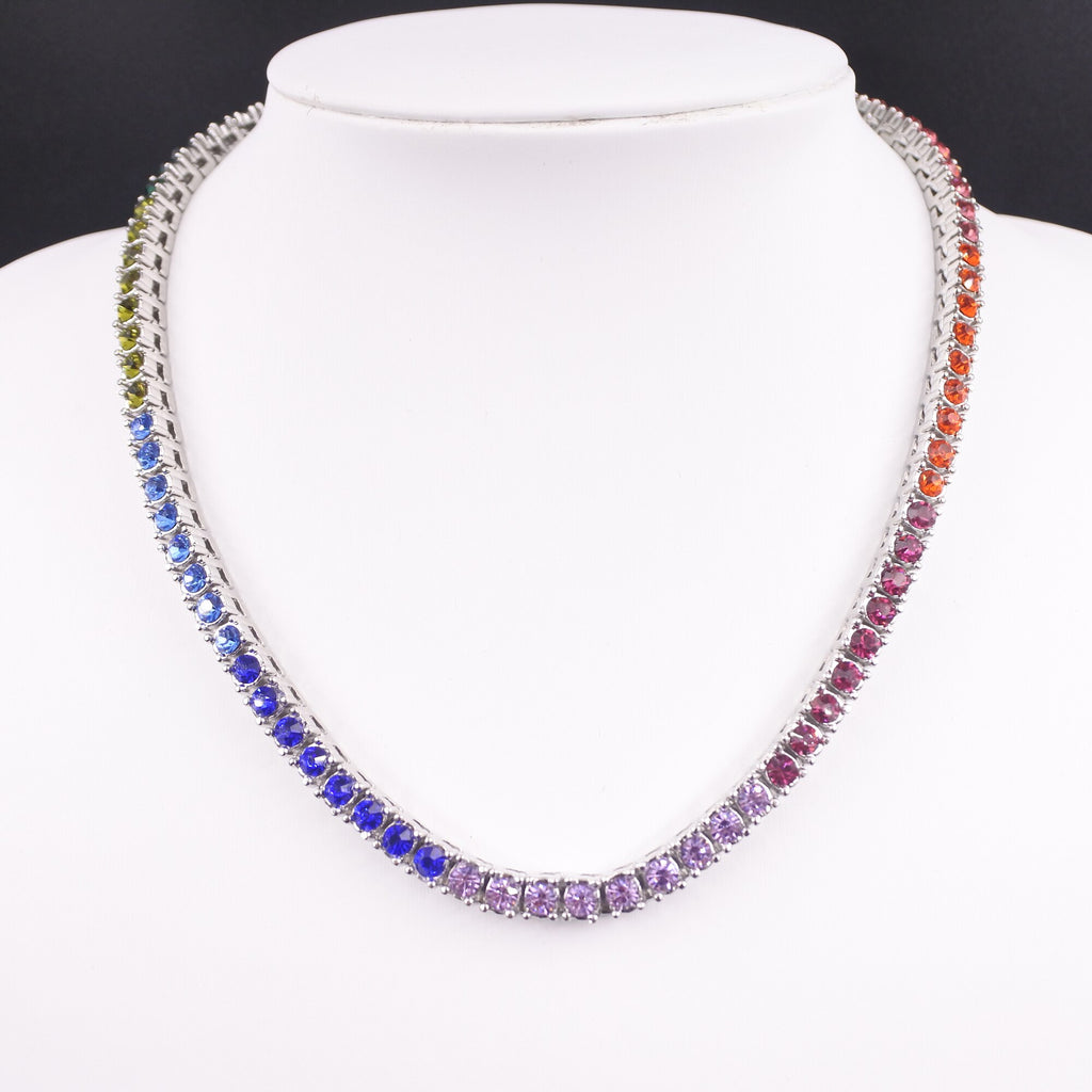 Rainbow 7 colors crystal 1 row tennis chain men women jewelry hip hop rap rock gift necklace gold silver color iced out bling