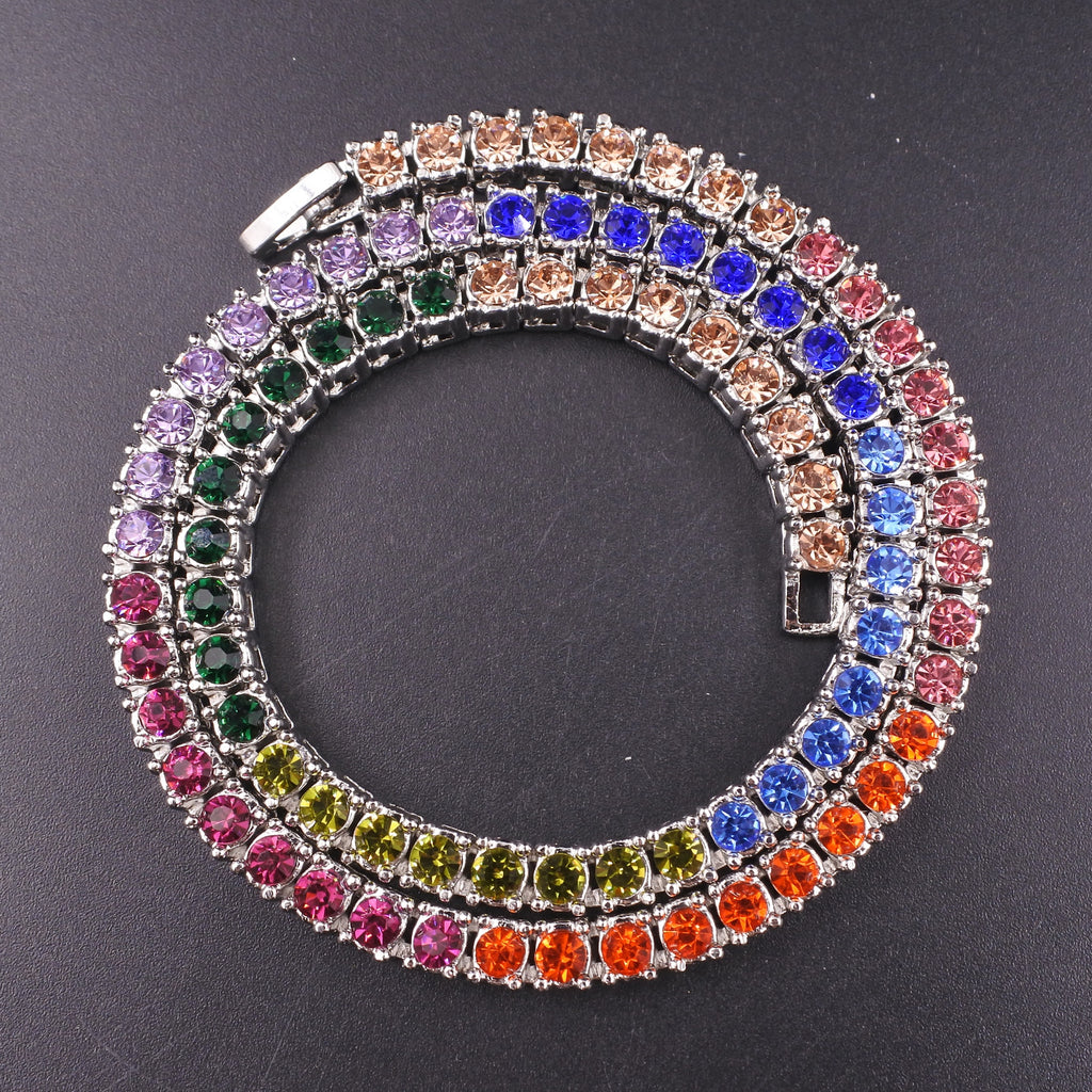 Rainbow 7 colors crystal 1 row tennis chain men women jewelry hip hop rap rock gift necklace gold silver color iced out bling