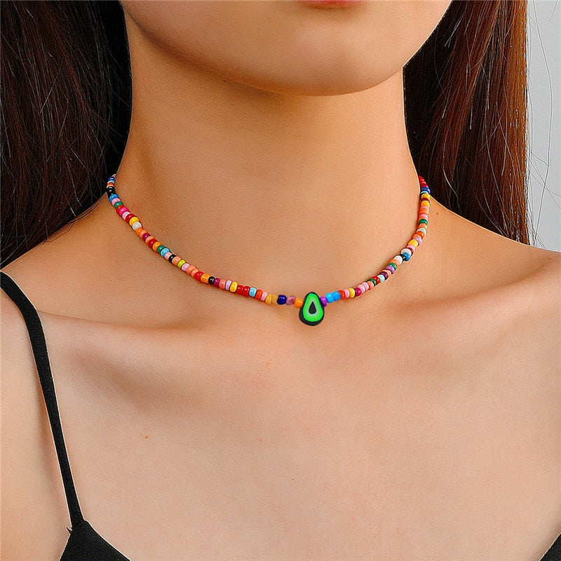 Rainbow Beads Necklace for Women Flower Avocado Handmade Choker Necklace Vintage Bohemian Collar Jewelry DIY Accessories