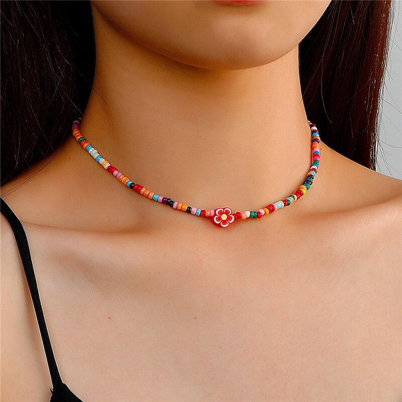 Rainbow Beads Necklace for Women Flower Avocado Handmade Choker Necklace Vintage Bohemian Collar Jewelry DIY Accessories