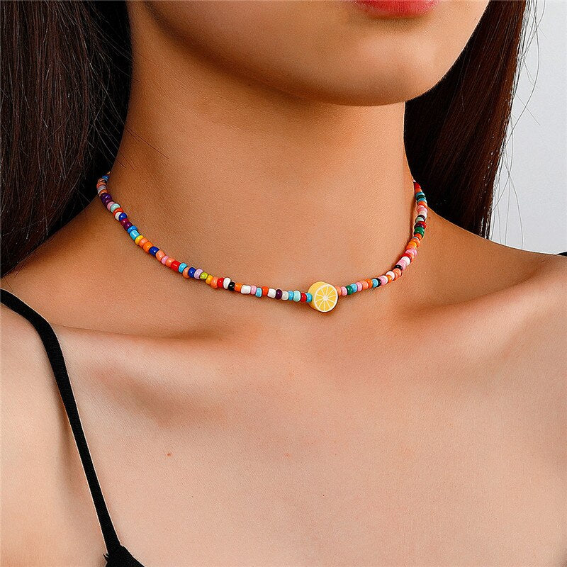 Rainbow Beads Necklace for Women Flower Avocado Handmade Choker Necklace Vintage Bohemian Collar Jewelry DIY Accessories