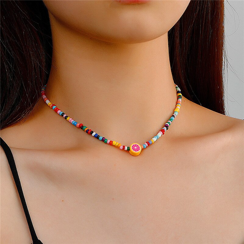 Rainbow Beads Necklace for Women Flower Avocado Handmade Choker Necklace Vintage Bohemian Collar Jewelry DIY Accessories