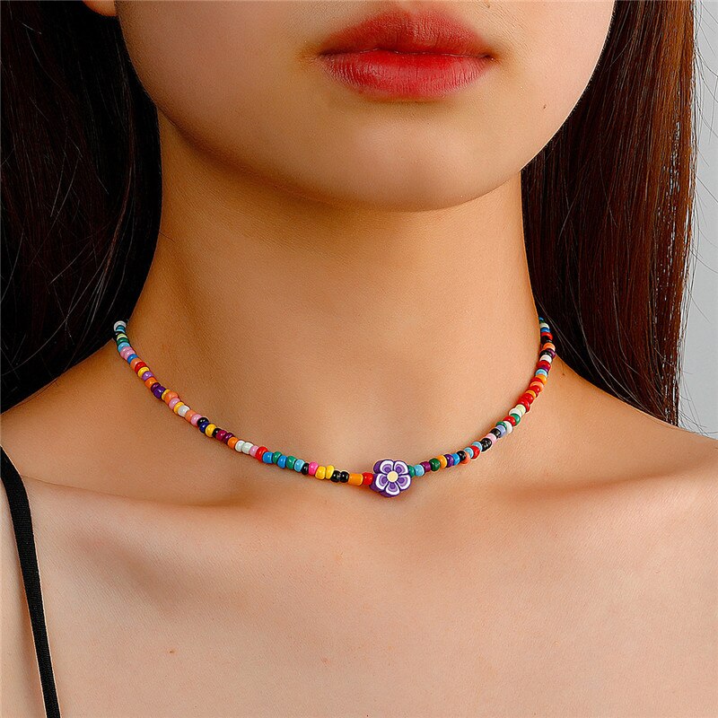 Rainbow Beads Necklace for Women Flower Avocado Handmade Choker Necklace Vintage Bohemian Collar Jewelry DIY Accessories