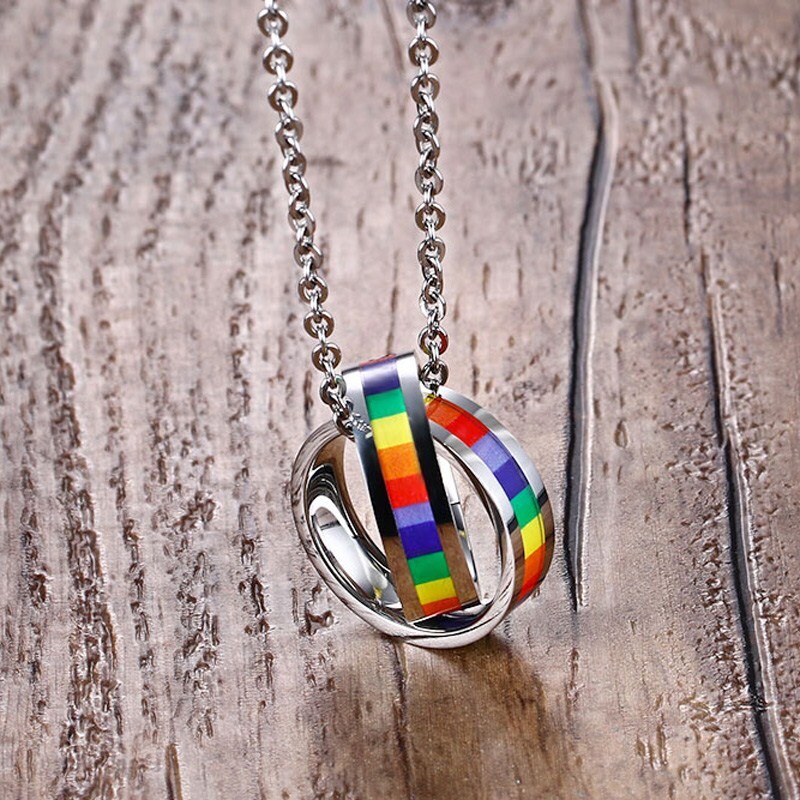 Rainbow Double Circle Women Necklaces Pendant LGBT Lesbian Female Jewelry 20" Chain