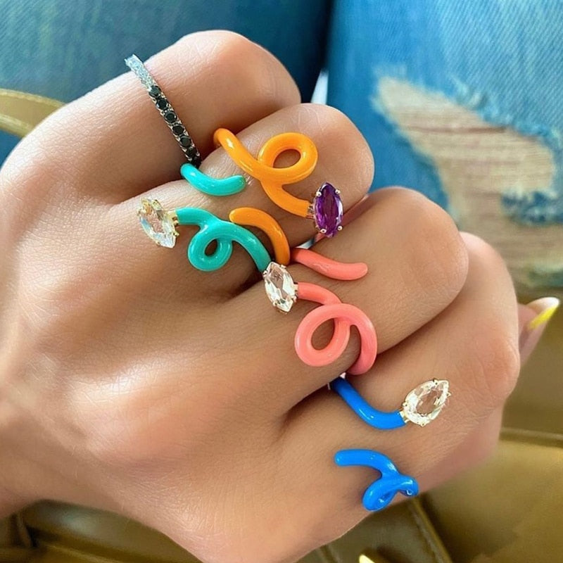 Rainbow Neon Enamel Rings For Women Open Adjustable Snake Ring Female 2023 Trend Aesthetic Couple Jewelry Gift anillos mujer