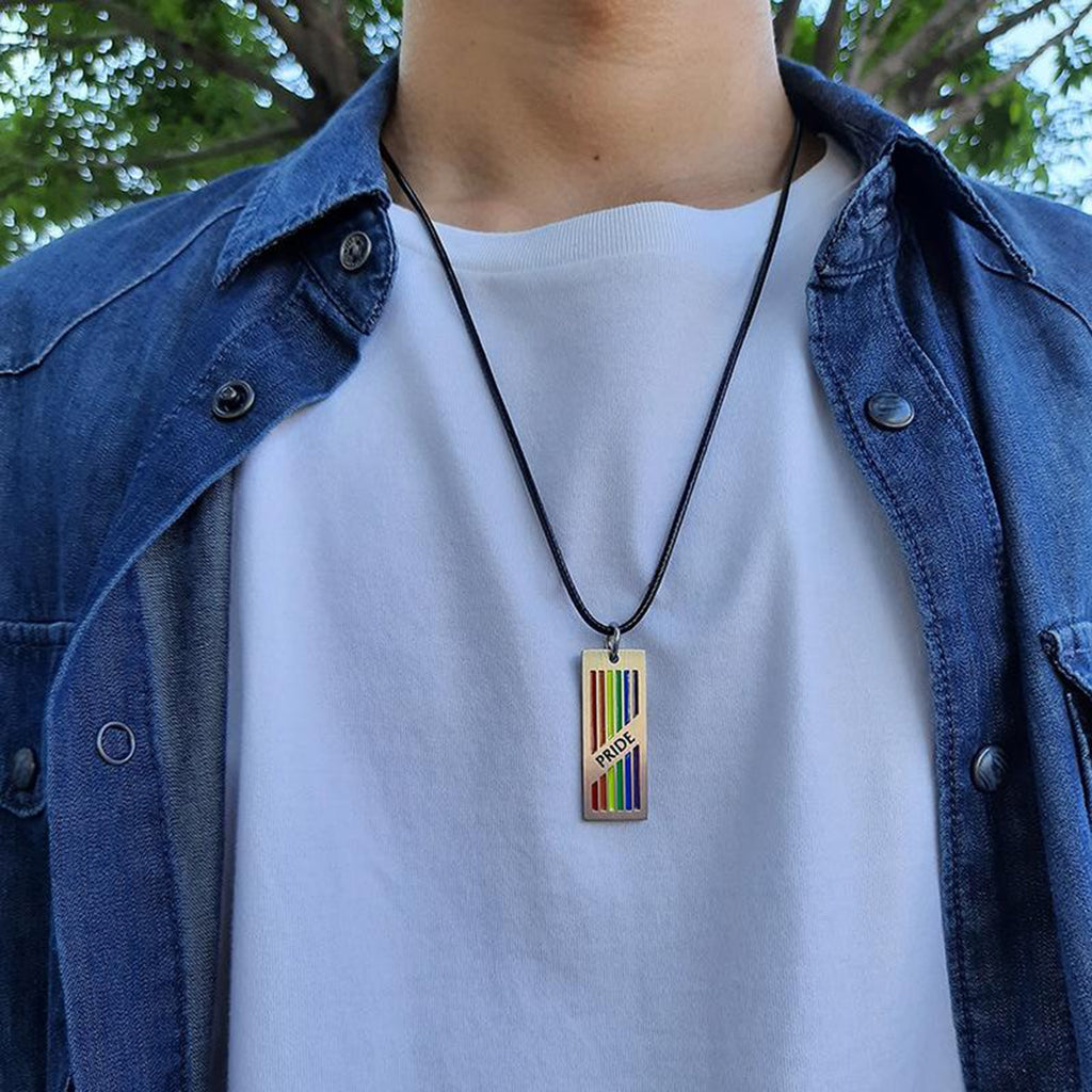 Rainbow Rectangle Tag Pendant Necklace LGBT Lesbian Gay Pride Flag Jewelry