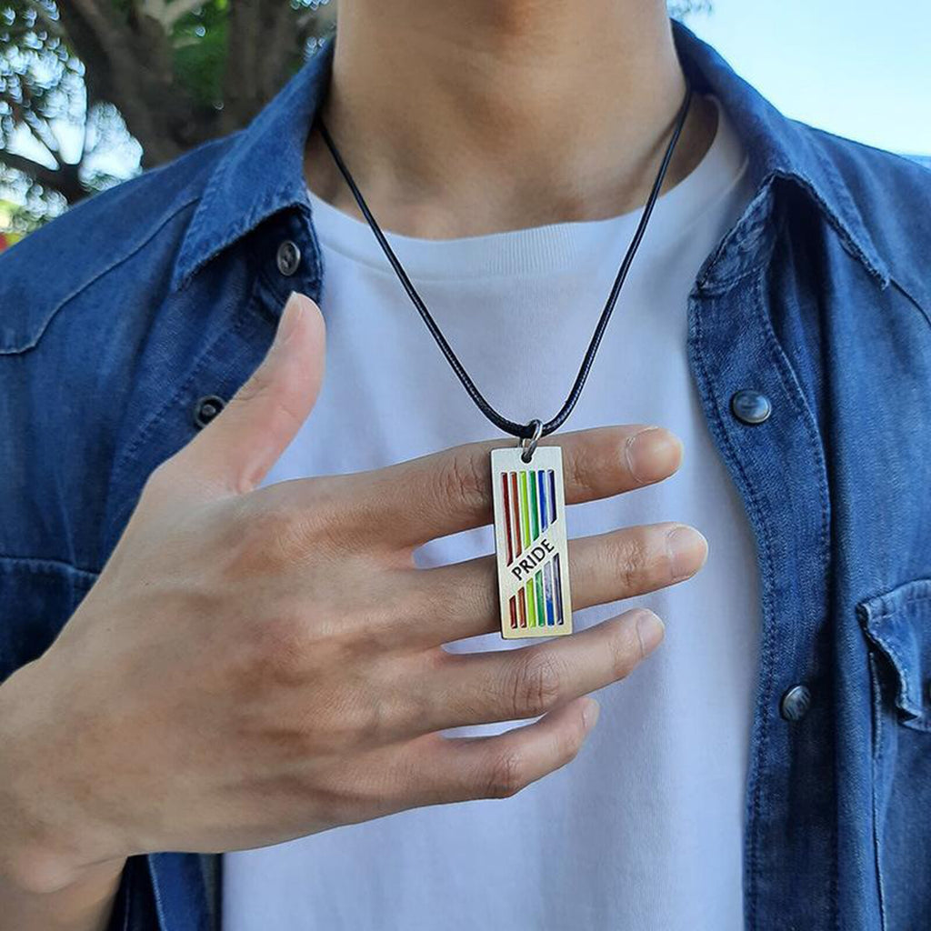 Rainbow Rectangle Tag Pendant Necklace LGBT Lesbian Gay Pride Flag Jewelry