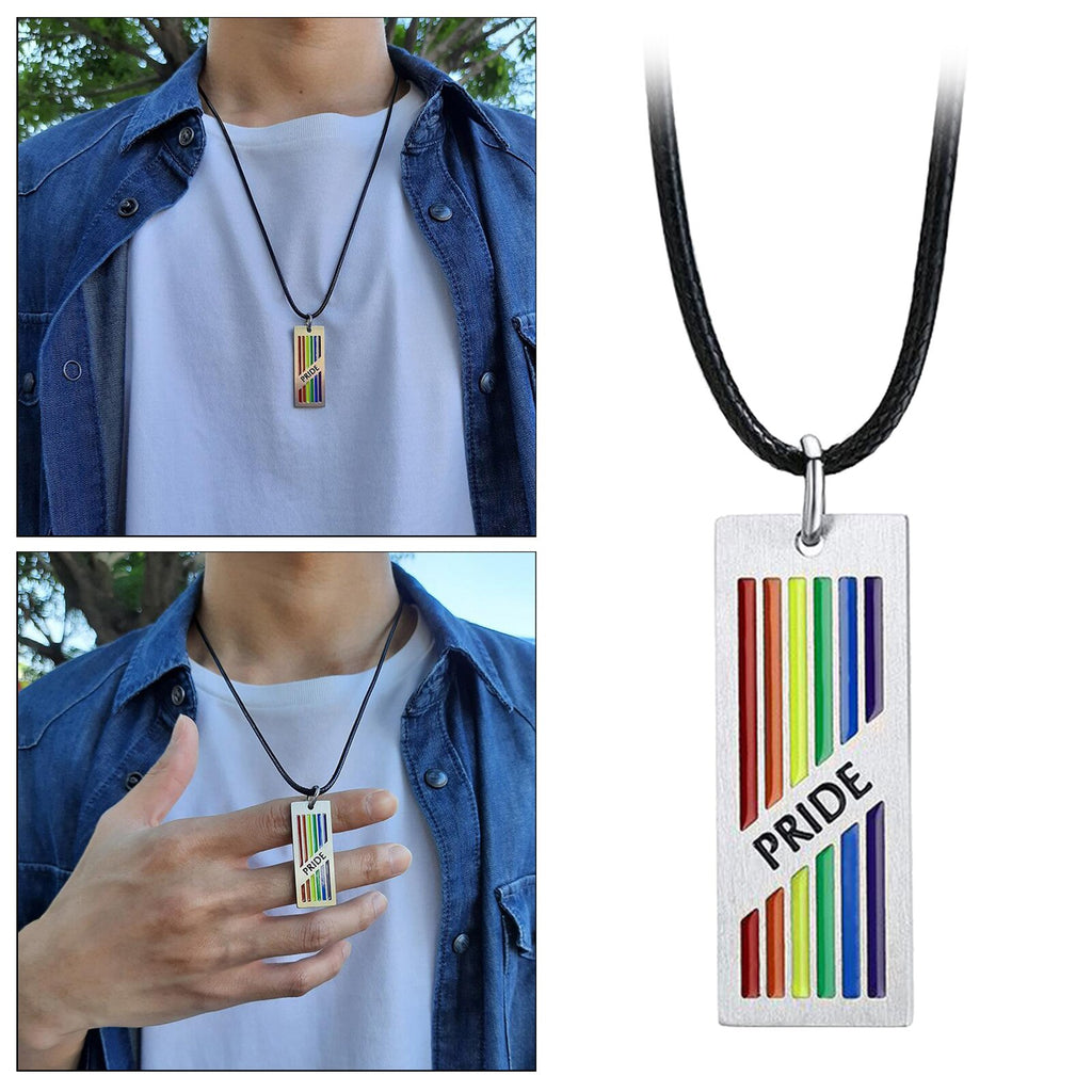 Rainbow Rectangle Tag Pendant Necklace LGBT Lesbian Gay Pride Flag Jewelry
