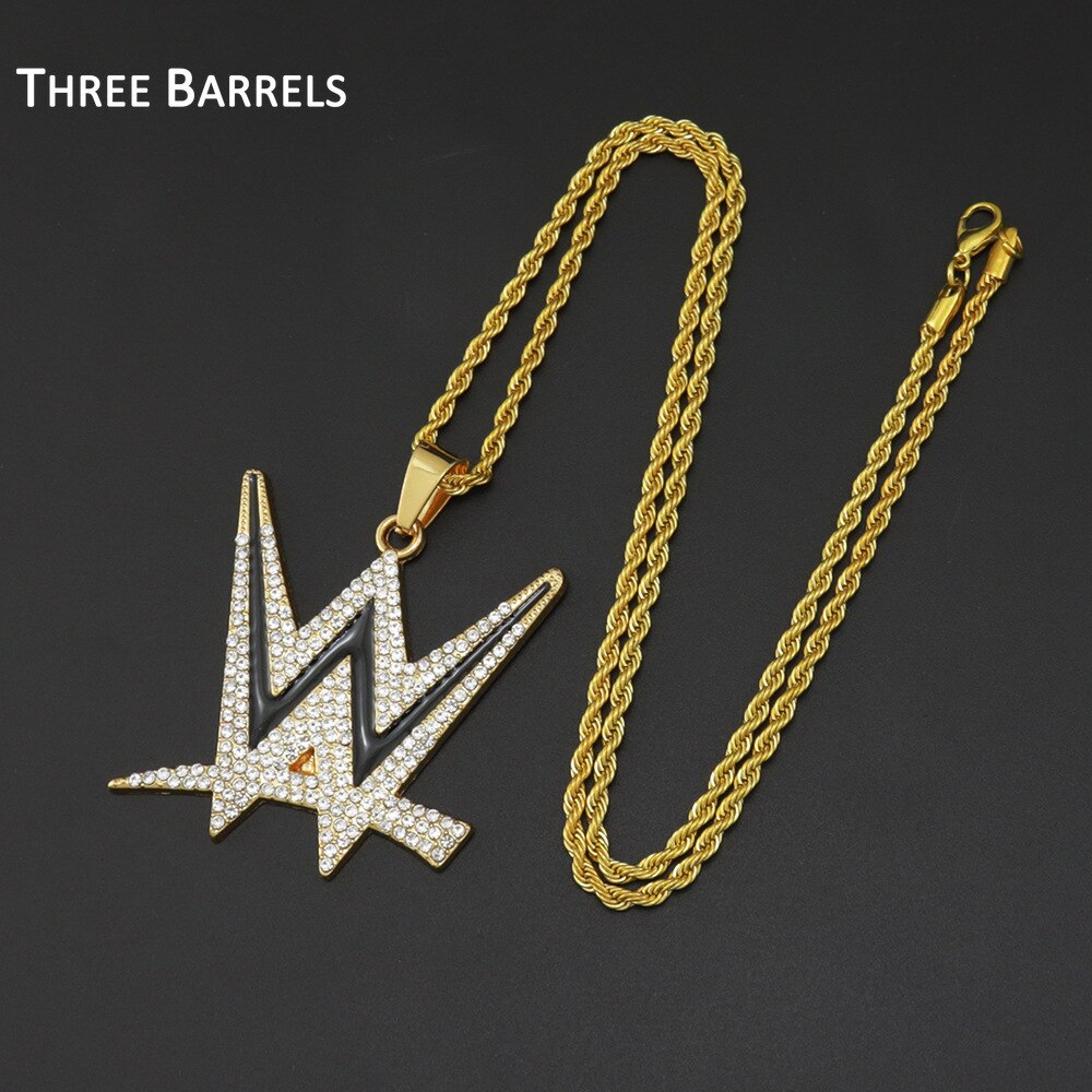 Rap Stone Necklace Hip-hop W Letter Pendant Necklace Men and Women Rhinestone Gold Color Chain Statement Necklace Bling Jewelry