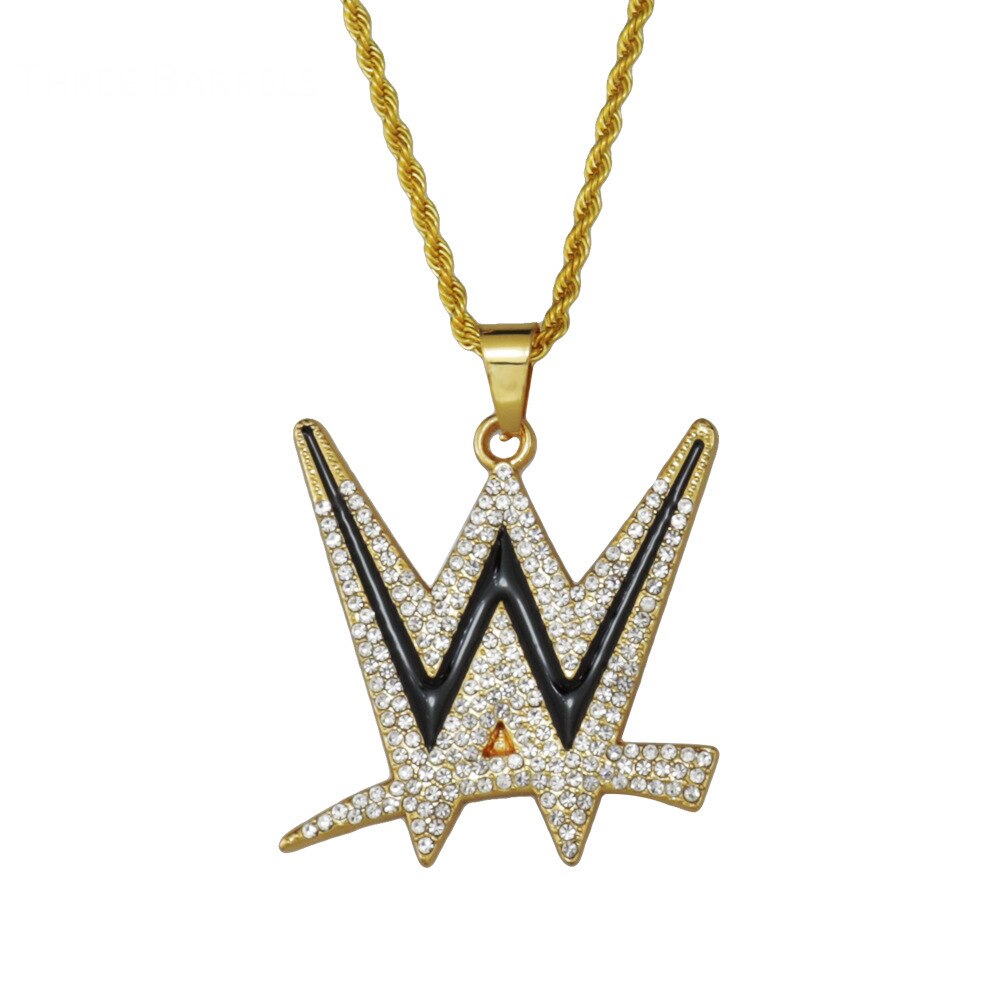 Rap Stone Necklace Hip-hop W Letter Pendant Necklace Men and Women Rhinestone Gold Color Chain Statement Necklace Bling Jewelry
