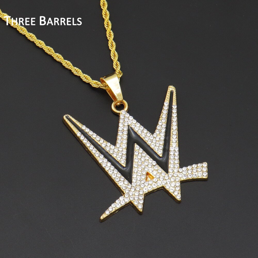 Rap Stone Necklace Hip-hop W Letter Pendant Necklace Men and Women Rhinestone Gold Color Chain Statement Necklace Bling Jewelry