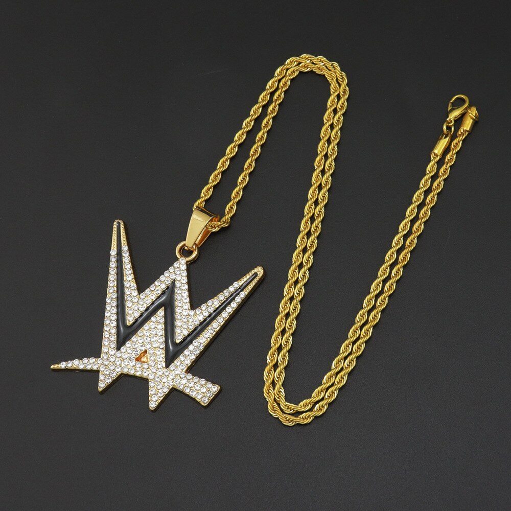 Rap Stone Necklace Hip-hop W Letter Pendant Necklace Men and Women Rhinestone Gold Color Chain Statement Necklace Bling Jewelry