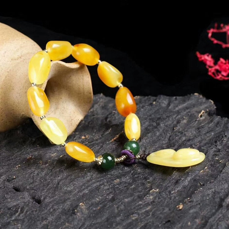 Raw ore natural beeswax bracelet single circle green jasper 14K gold beads accessories fashion amber jewelry