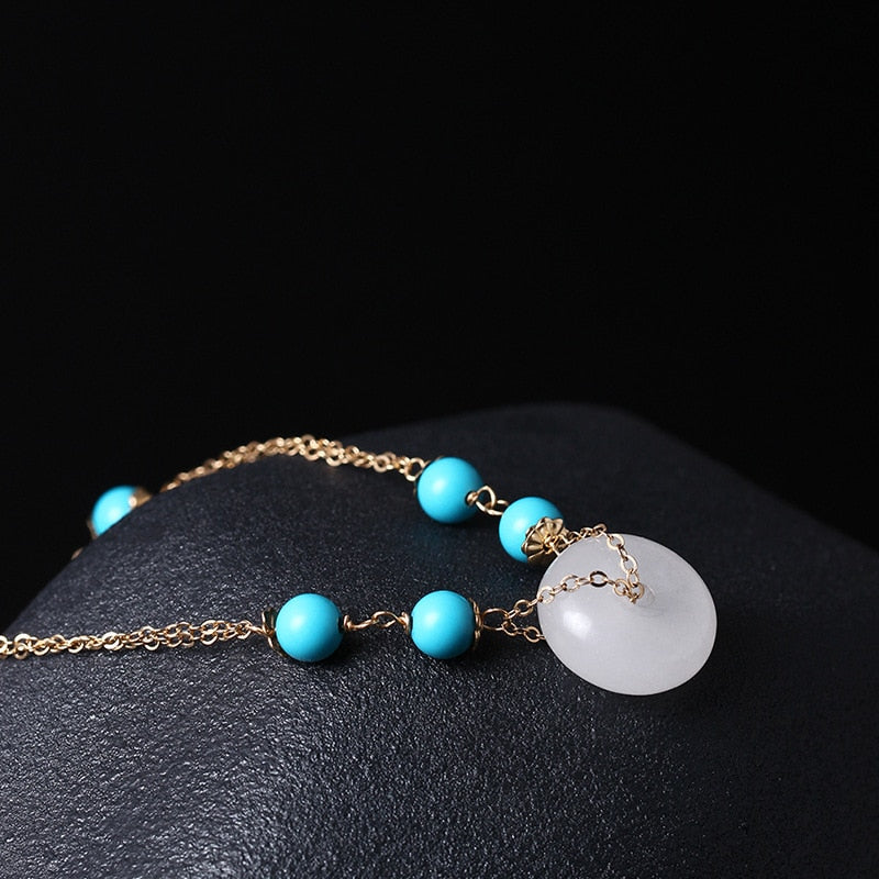 Real 14k Gold Plated Charm Bracelets For Women Original Handmade Diy Chain Natural Turquoise Stone White Jade Peace Buckle