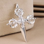 Real 18K Solid Yellow Gold Buddhism Religious Vajra Cross Dorje Phurba 3D Amulet Chain Necklace Pendant Jewelry For Men/Women