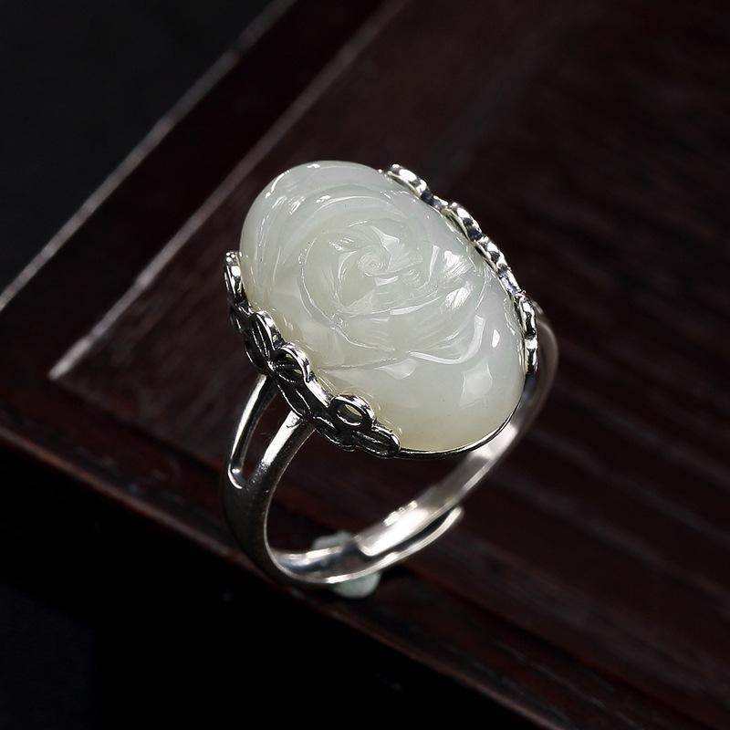 Real 925 Stelring Silver Rings For Women Natural Jade Engraved Lotus Flower Rings Vintage Fine Jewelry Ringen Voor Vrouwen