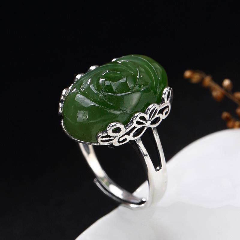 Real 925 Stelring Silver Rings For Women Natural Jade Engraved Lotus Flower Rings Vintage Fine Jewelry Ringen Voor Vrouwen