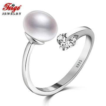 Real 925 Sterling Silver Adjustable Fashion Rings High Quality 8-9mm White Pearl Ring for Women Fine Pearl Jewelry